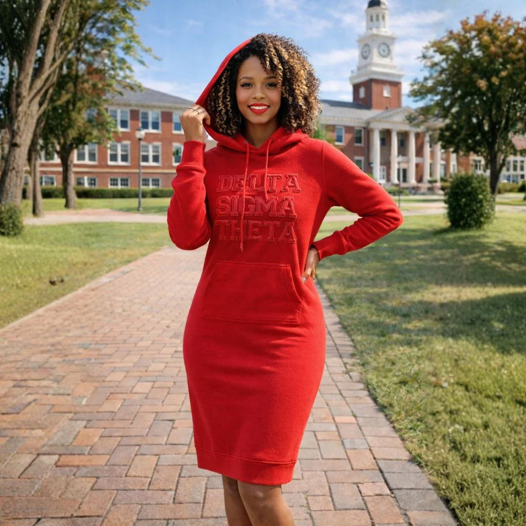 Red Sweatshirt Dress w/ Delta Sigma Theta in Chenille - Image 3