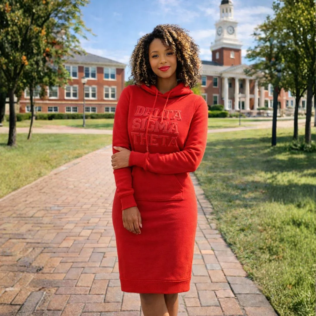 Red Sweatshirt Dress w/ Delta Sigma Theta in Chenille - Image 4