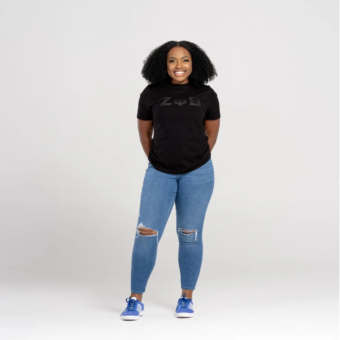 Zeta Phi Beta Black on Black with Snake Skin Leather Letters Shirt - Image 5